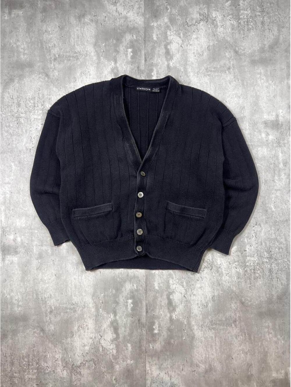 Vintage Claiborne Ribbed Cardigan Sweater Black Cotton Grandpa Knit